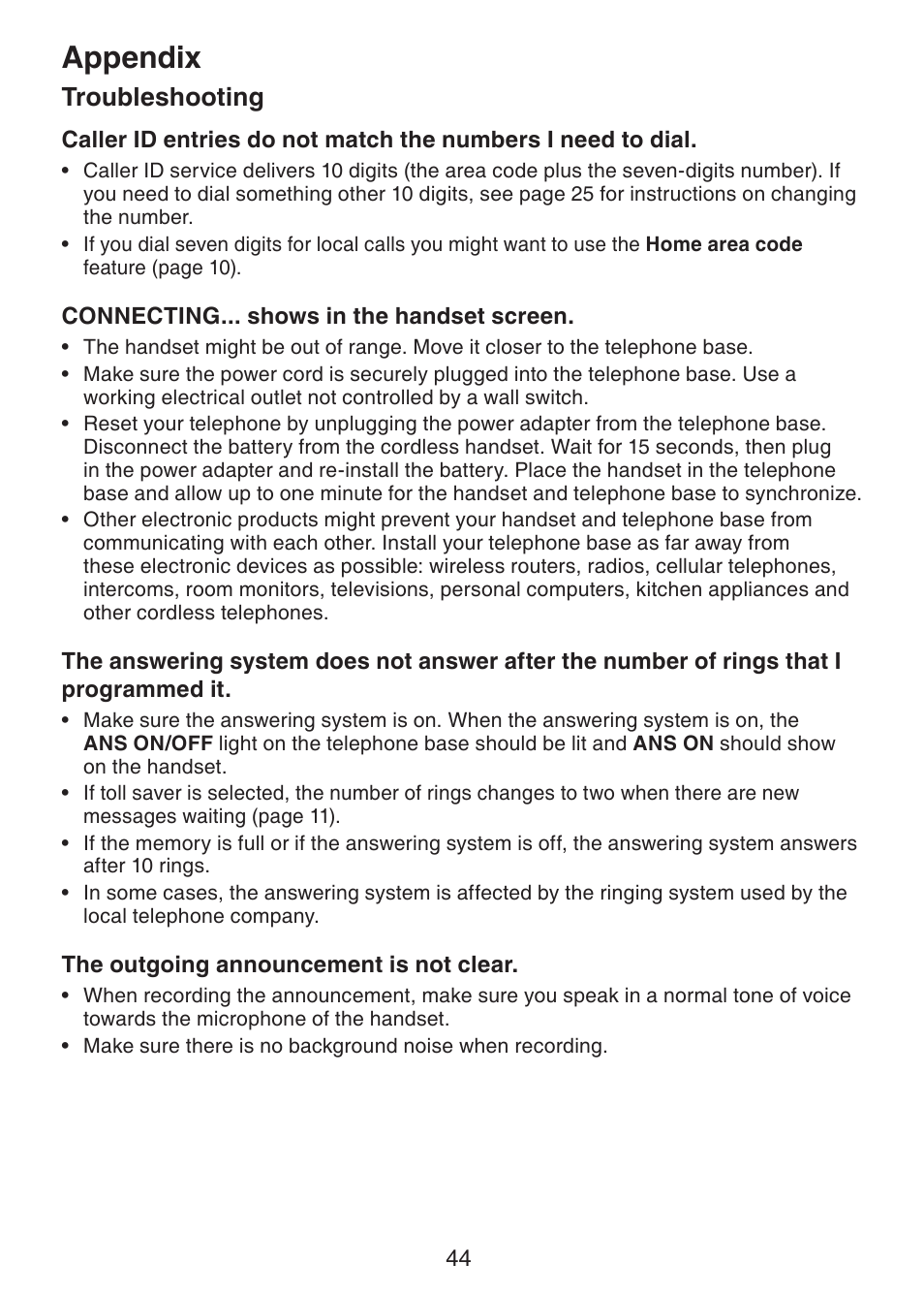 Appendix, Troubleshooting | VTech DS221-2 User Manual | Page 48 / 60