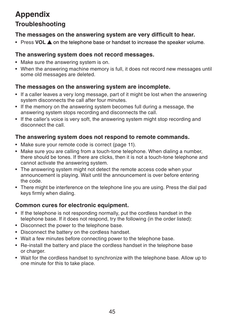 Appendix, Troubleshooting | VTech DS221-2 User Manual | Page 49 / 60