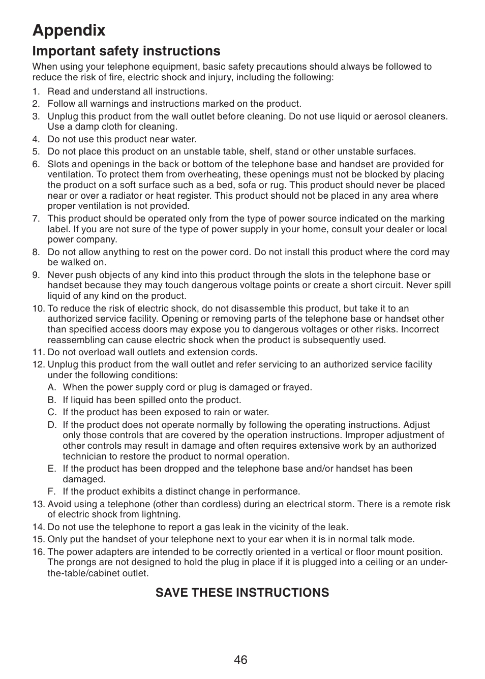 Important safety instructions, Appendix, Save these instructions | VTech DS221-2 User Manual | Page 50 / 60