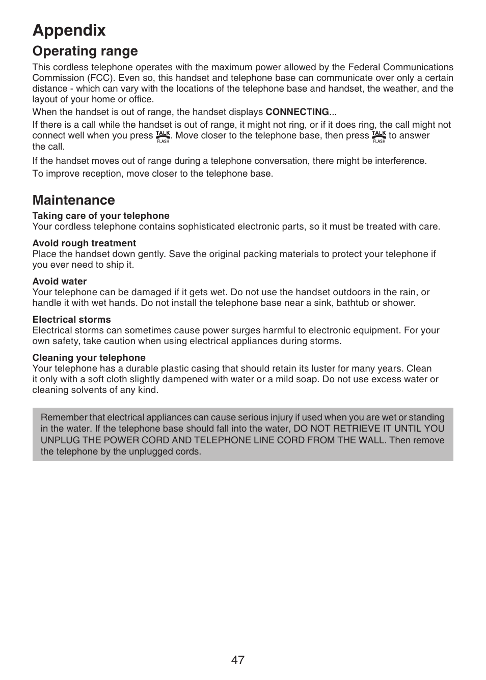 Operating range, Maintenance, Appendix | VTech DS221-2 User Manual | Page 51 / 60