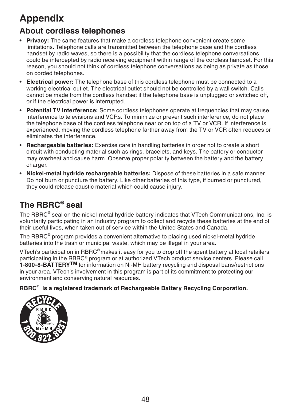 About cordless telephones, The rbrc, Seal | Appendix | VTech DS221-2 User Manual | Page 52 / 60
