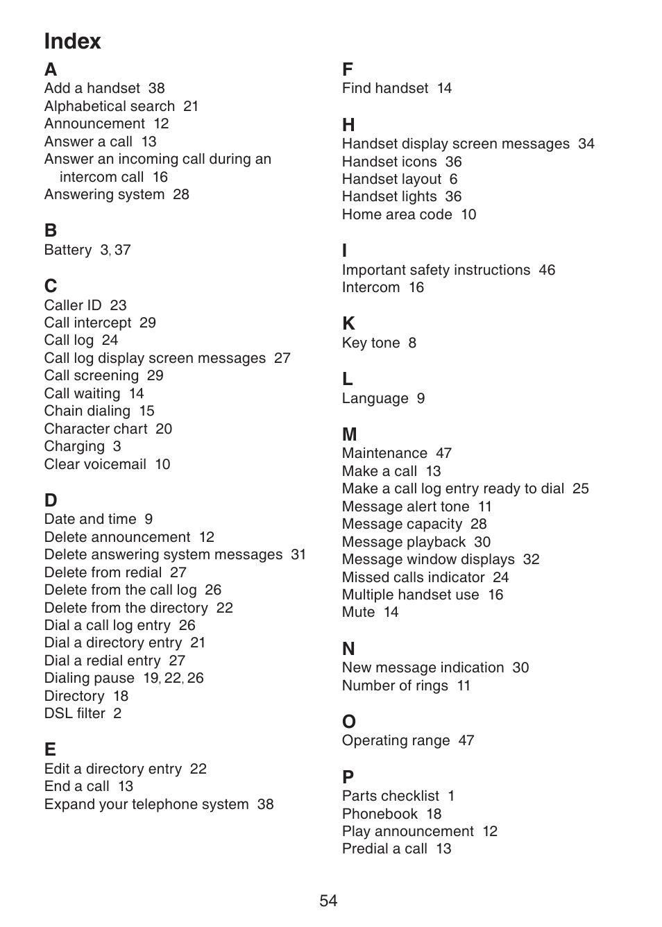 Index | VTech DS221-2 User Manual | Page 58 / 60