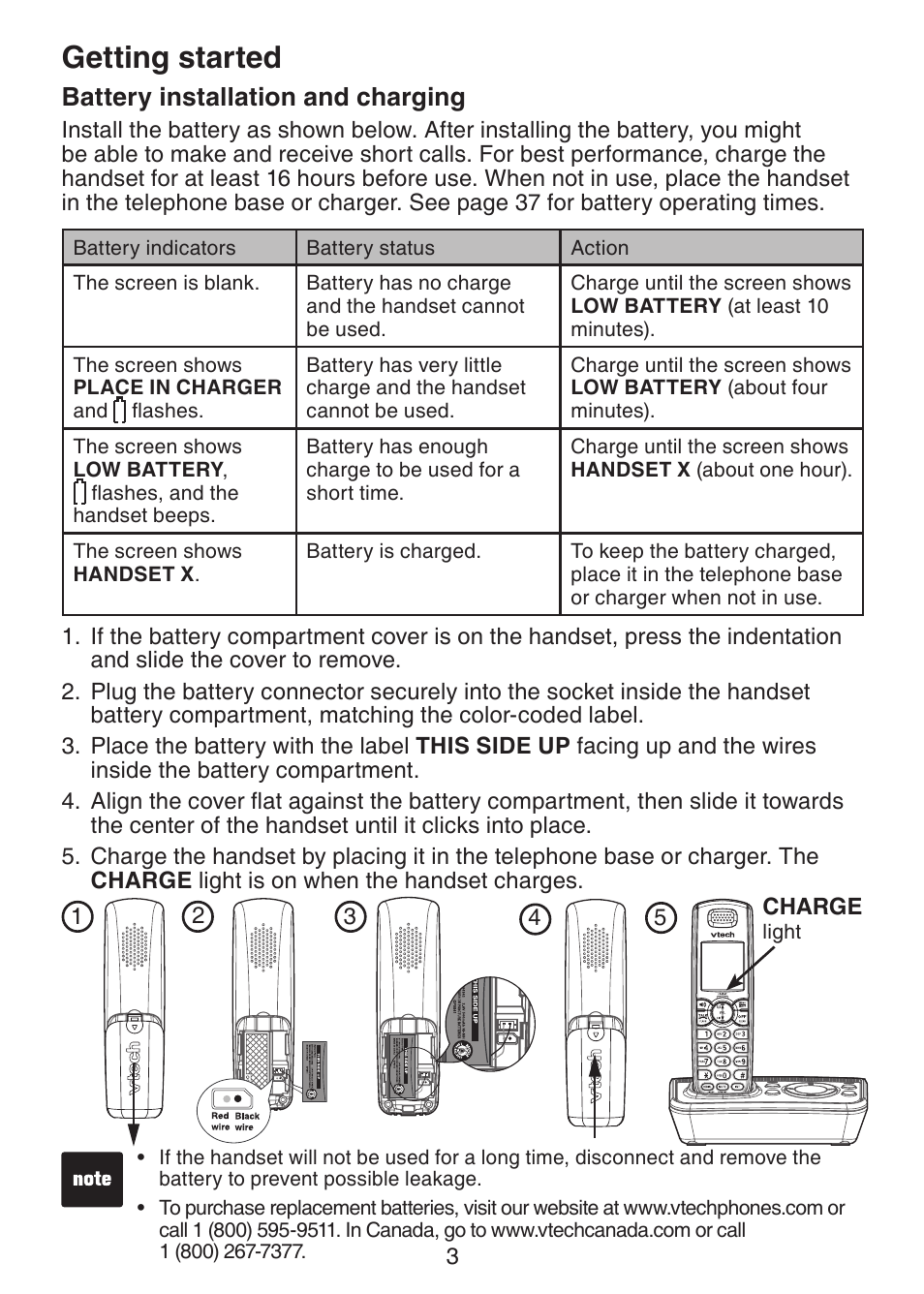 Battery installation and, Charging, Getting started | Battery installation and charging | VTech DS221-2 User Manual | Page 7 / 60