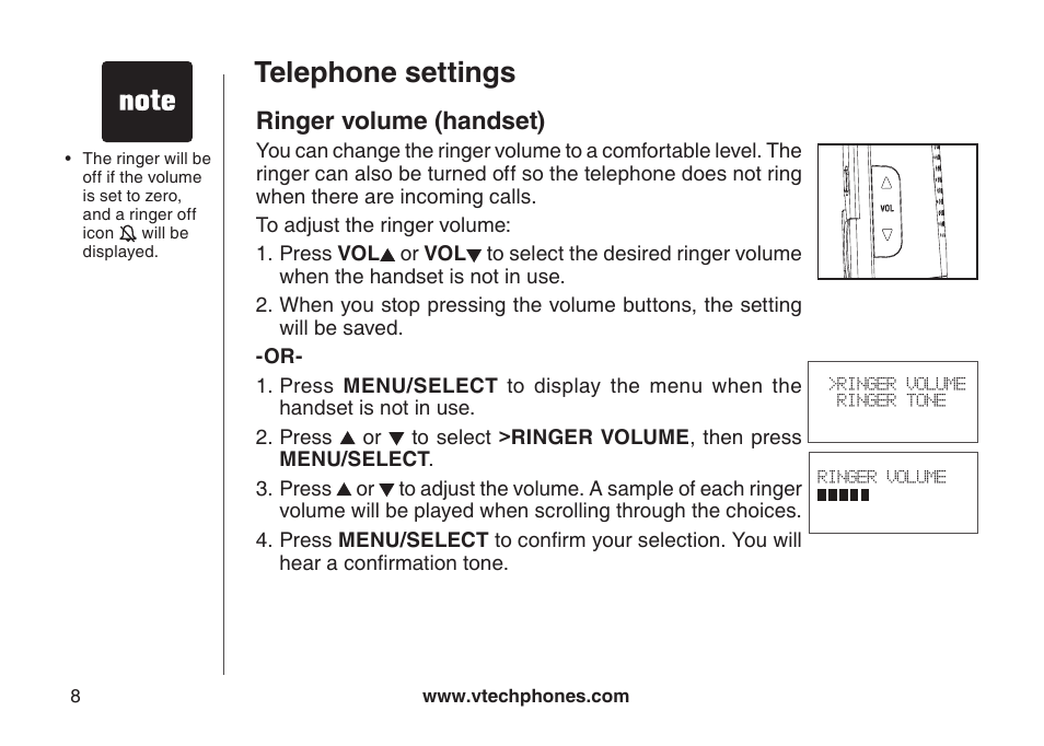Telephone settings ringer volume (handset), Telephone settings, Ringer volume (handset) | VTech DS6111-2 User Manual | Page 12 / 62