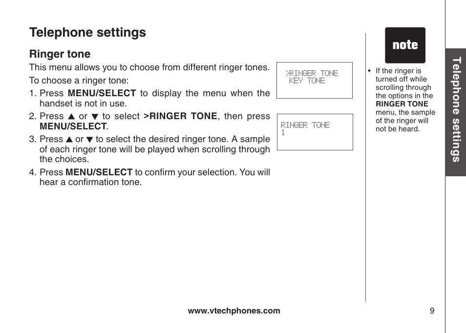 Ringer tone, Telephone settings, Te le ph on e s ett in gs | VTech DS6111-2 User Manual | Page 13 / 62