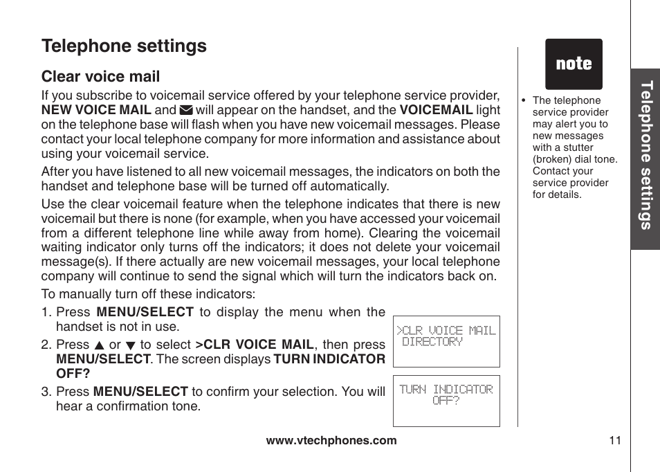 Clear voice mail, Telephone settings, Te le ph on e s ett in gs | VTech DS6111-2 User Manual | Page 15 / 62