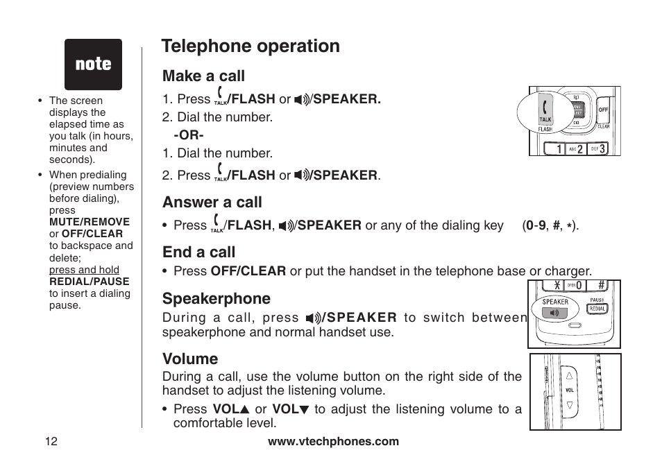 Telephone operation, Make a call, Answer a call | End a call, Speakerphone, Volume | VTech DS6111-2 User Manual | Page 16 / 62