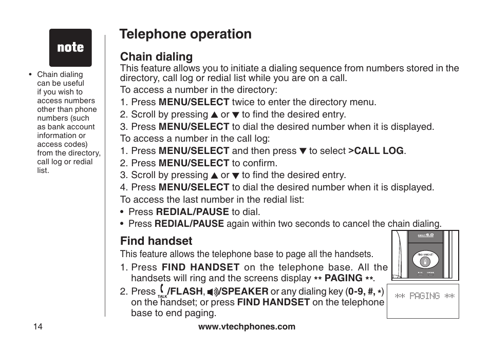 Find handset, Telephone operation, Chain dialing | VTech DS6111-2 User Manual | Page 18 / 62