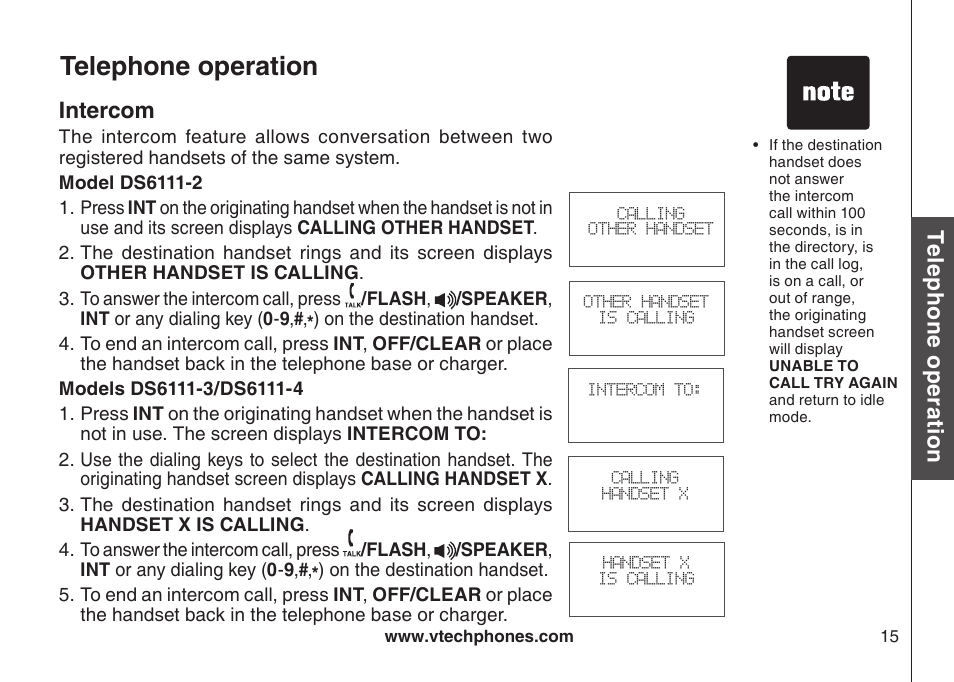 Intercom, Telephone operation, Te le ph on e o pe ra tio n | VTech DS6111-2 User Manual | Page 19 / 62