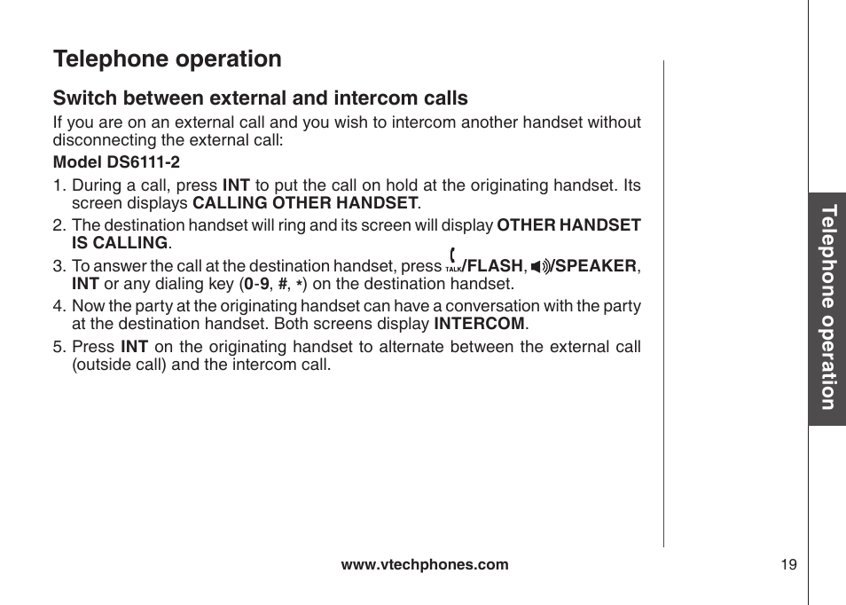 Answer an incoming call during an intercom call, Telephone operation | VTech DS6111-2 User Manual | Page 23 / 62