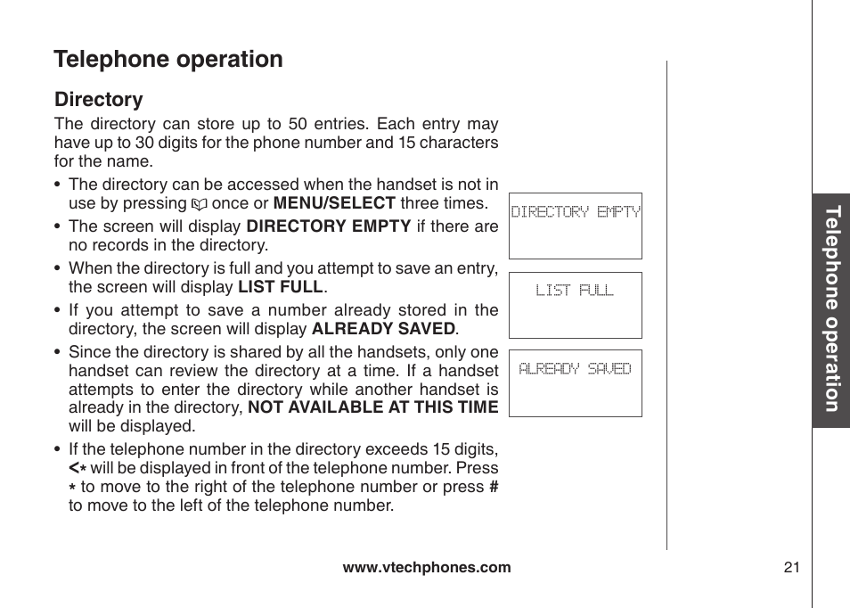 Directory, Telephone operation | VTech DS6111-2 User Manual | Page 25 / 62