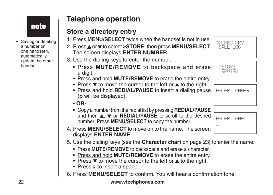 Store a directory entry, Telephone operation | VTech DS6111-2 User Manual | Page 26 / 62