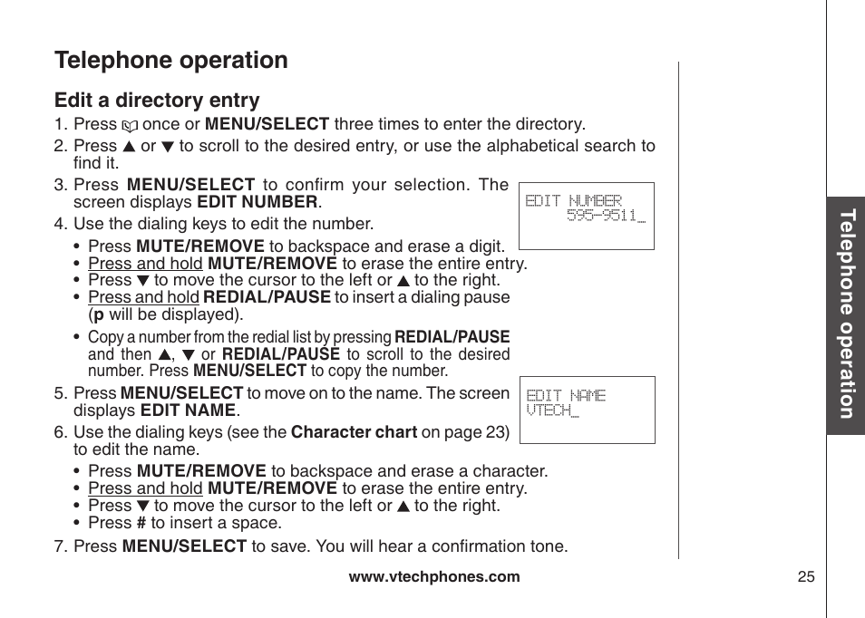 Edit a directory entry, Telephone operation | VTech DS6111-2 User Manual | Page 29 / 62