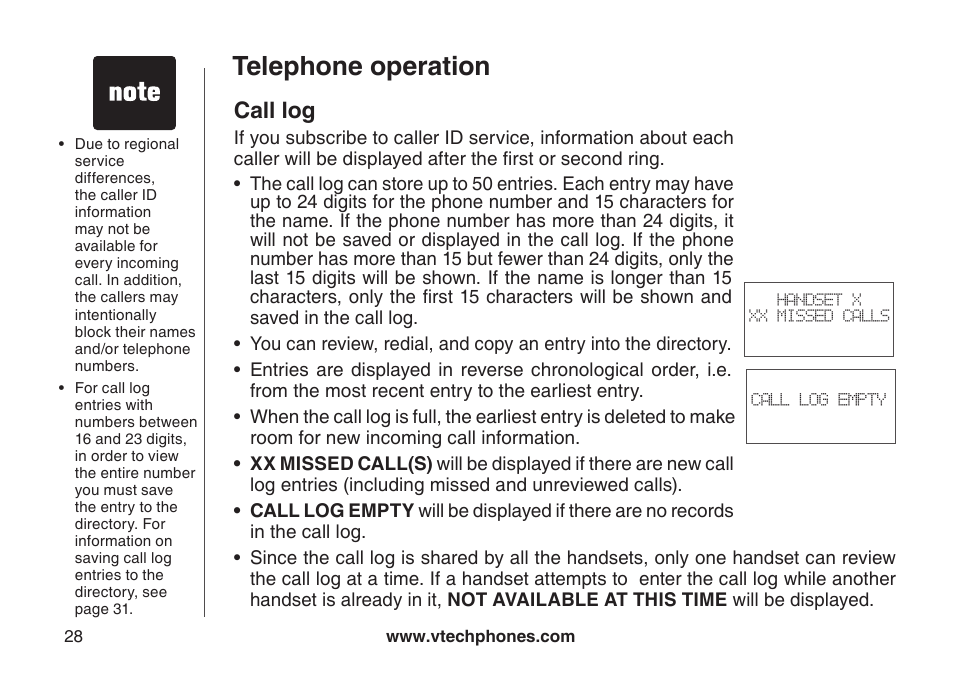 Call log, Telephone operation | VTech DS6111-2 User Manual | Page 32 / 62