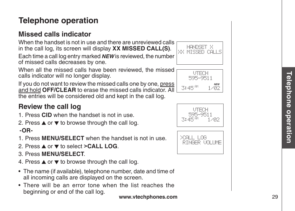 Review the call log, Telephone operation, Te le ph on e o pe ra tio n | Missed calls indicator | VTech DS6111-2 User Manual | Page 33 / 62