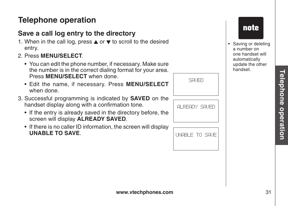 Save a call log entry to the directory, Telephone operation, Te le ph on e o pe ra tio n | VTech DS6111-2 User Manual | Page 35 / 62