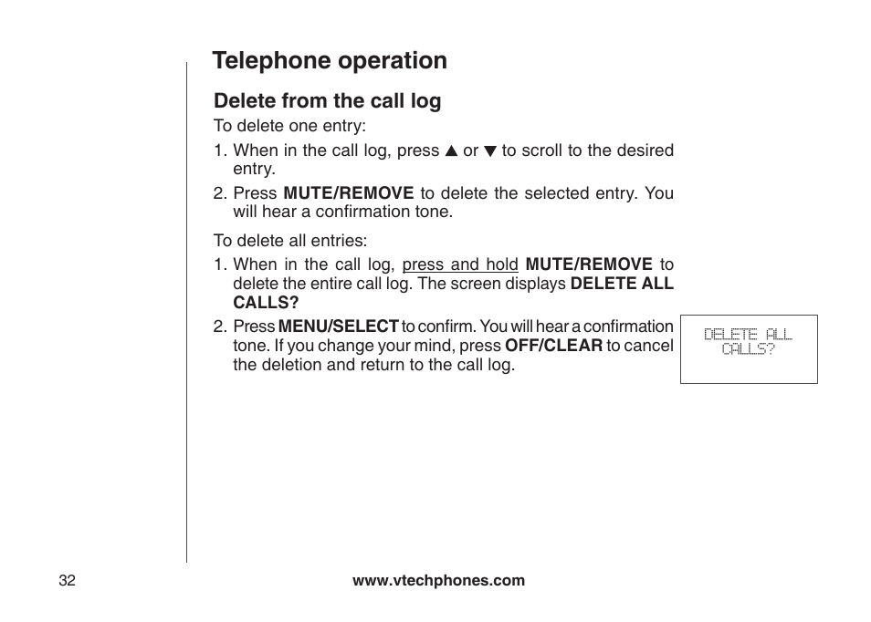 Delete from the call log, Telephone operation | VTech DS6111-2 User Manual | Page 36 / 62