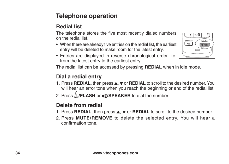 Redial list, Dial a redial entry, Delete from redial | Telephone operation | VTech DS6111-2 User Manual | Page 38 / 62