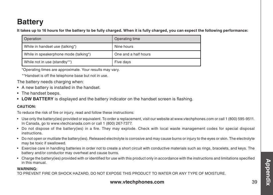 Battery, Appendix | VTech DS6111-2 User Manual | Page 43 / 62