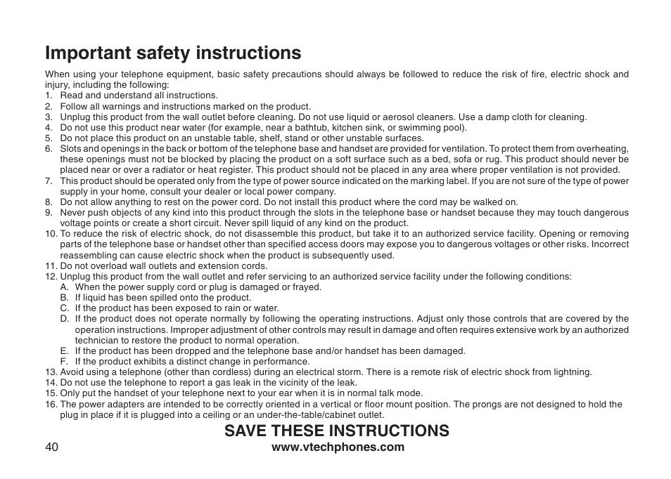 Important safety instructions, Save these instructions | VTech DS6111-2 User Manual | Page 44 / 62