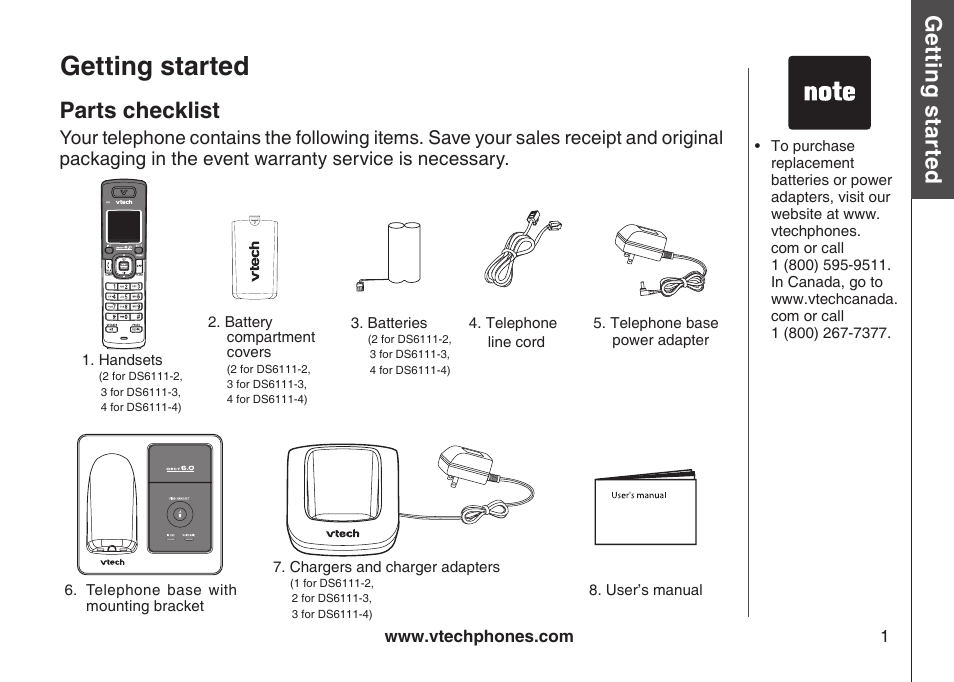 Getting started parts checklist, Getting started, Gett in g s ta rte d | Parts checklist, Bas ic o pe ra tio n | VTech DS6111-2 User Manual | Page 5 / 62