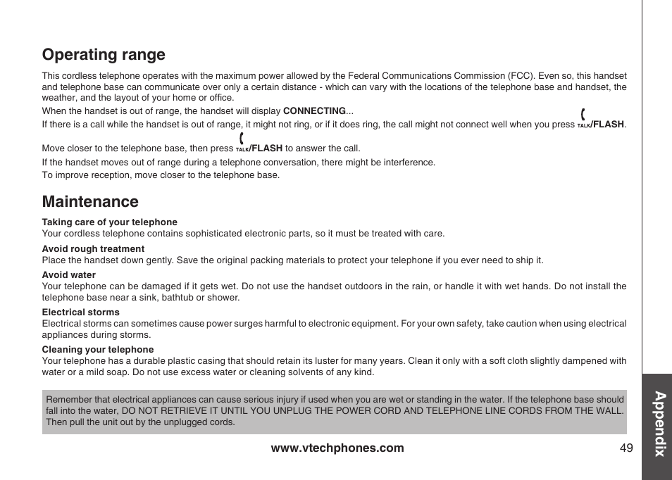 Operating range, Maintenance, Appendix | VTech DS6111-2 User Manual | Page 53 / 62