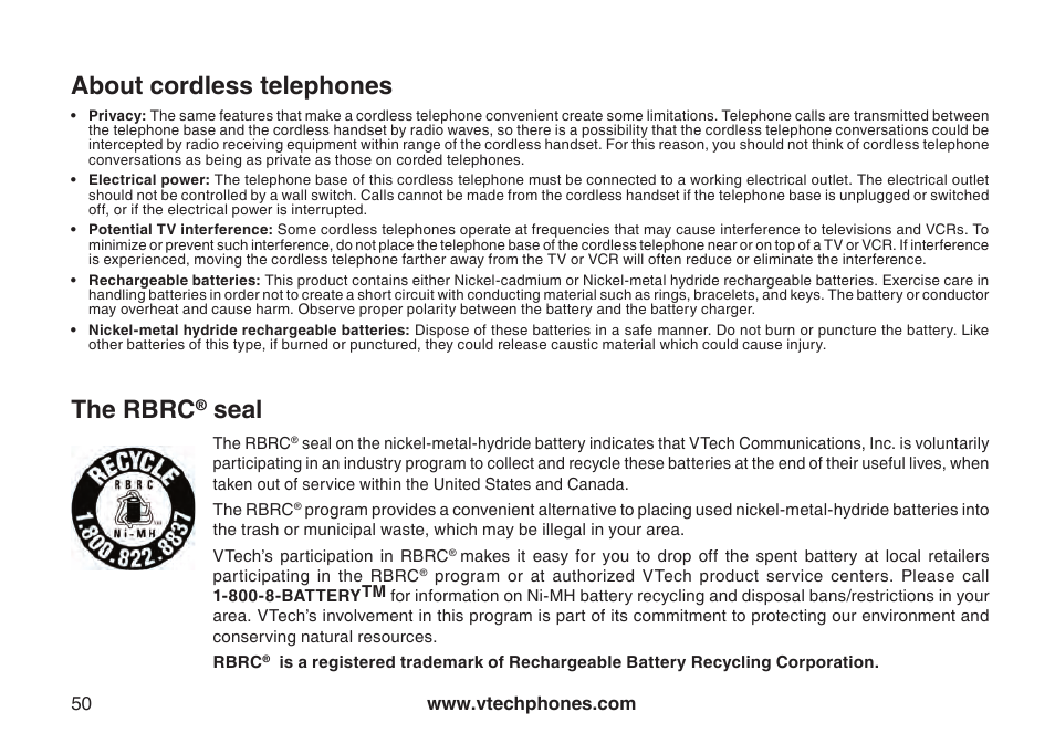 About cordless telephones, The rbrc, Seal | VTech DS6111-2 User Manual | Page 54 / 62