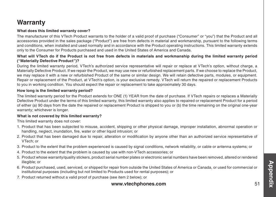 Warranty, Appendix | VTech DS6111-2 User Manual | Page 55 / 62