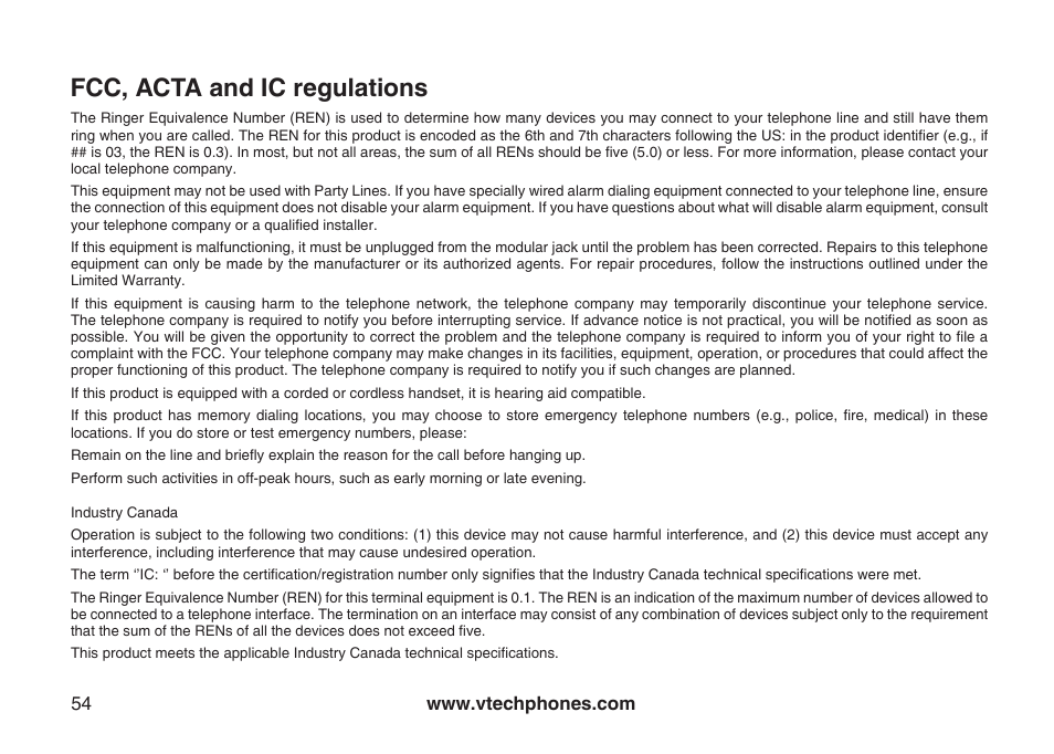 Fcc, acta and ic regulations | VTech DS6111-2 User Manual | Page 58 / 62