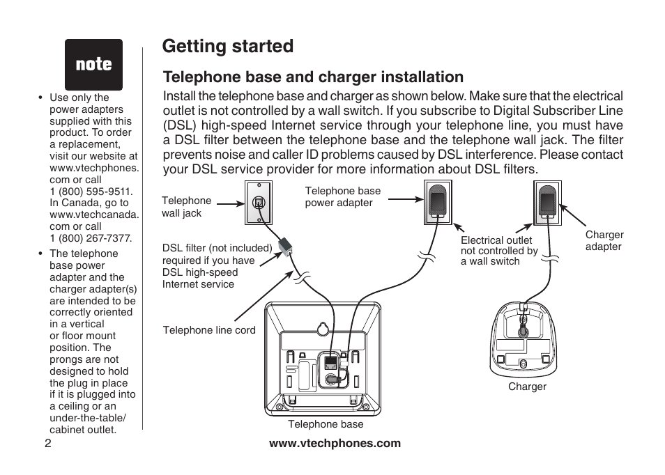 Telephone base and charger installation, Getting started | VTech DS6111-2 User Manual | Page 6 / 62