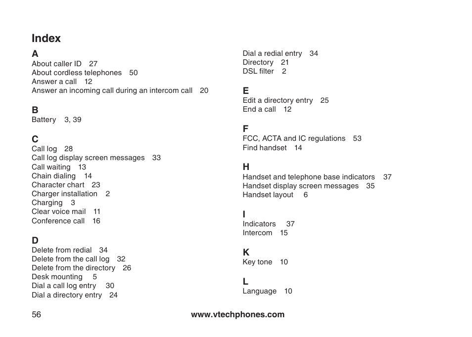 Index | VTech DS6111-2 User Manual | Page 60 / 62