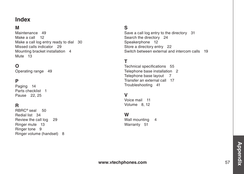 Index, Appendix | VTech DS6111-2 User Manual | Page 61 / 62