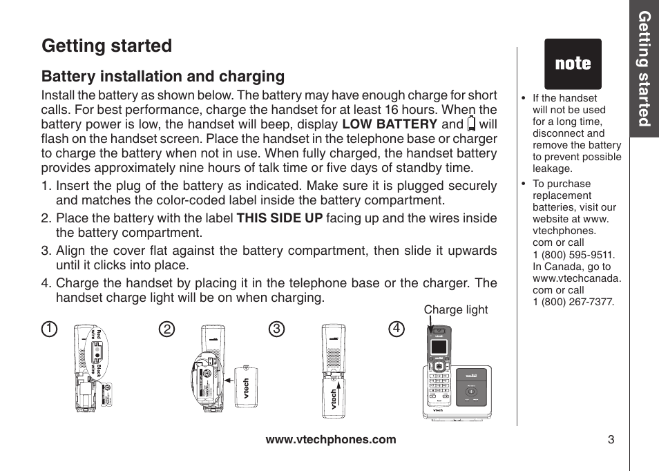 Battery installation and charging, Getting started, Gett in g s ta rte d | VTech DS6111-2 User Manual | Page 7 / 62