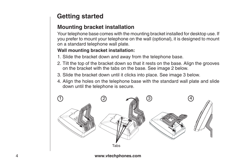 Mounting bracket installation, Getting started | VTech DS6111-2 User Manual | Page 8 / 62