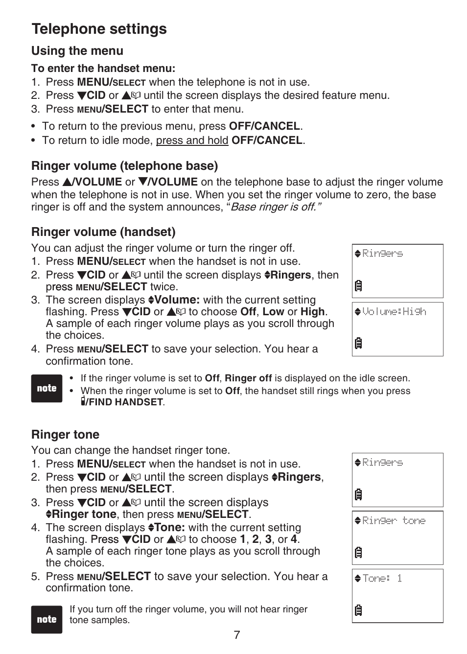 Telephone settings, Using the menu, Ringer volume (telephone base) | Ringer volume (handset), Ringer tone | VTech CS6124-2 User Manual | Page 11 / 53