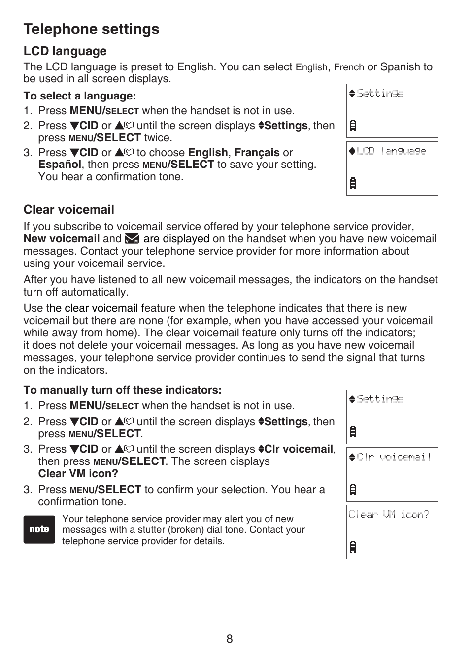 Lcd language, Clear voicemail, Telephone settings | VTech CS6124-2 User Manual | Page 12 / 53