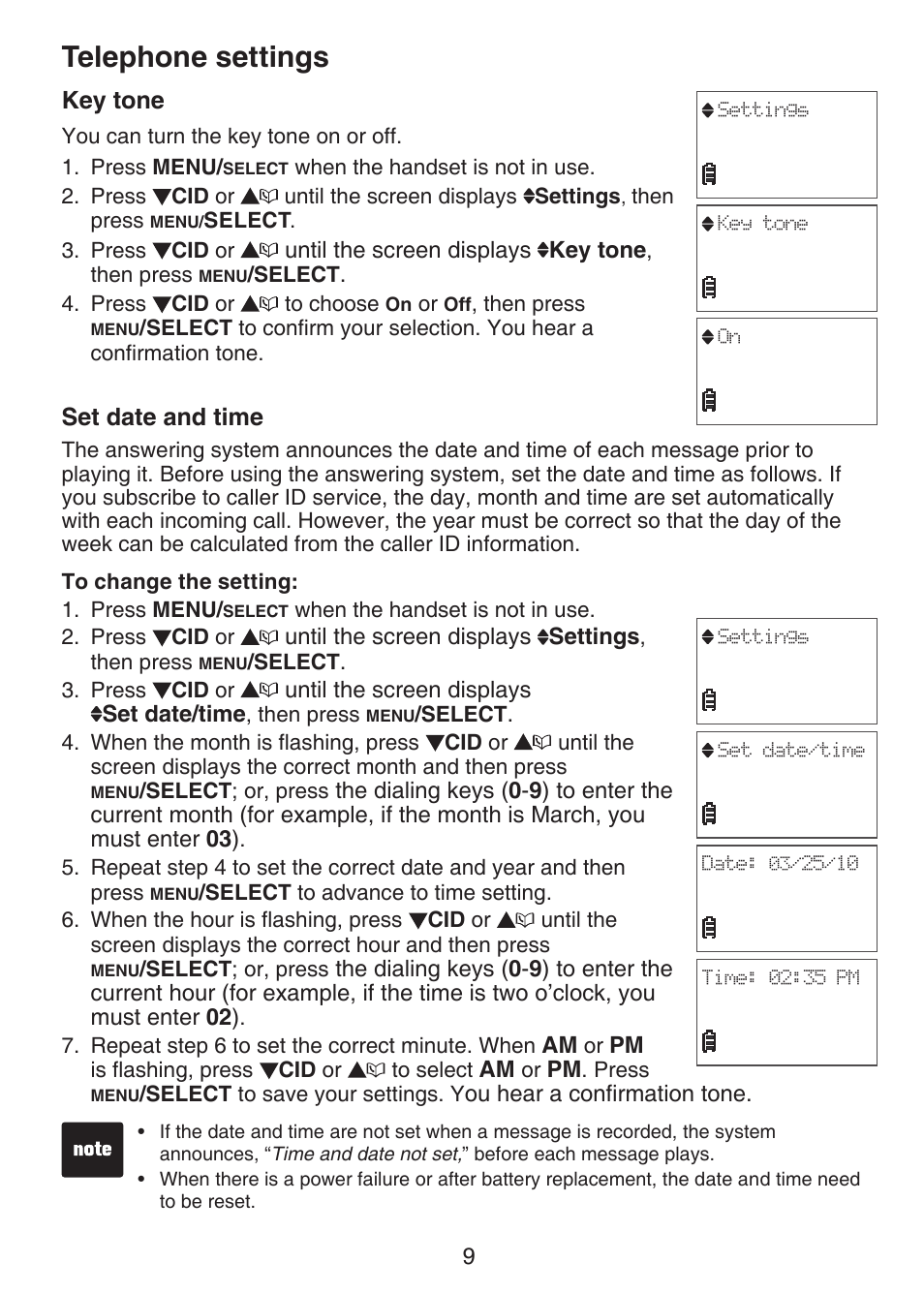 Key tone, Set date and time, Telephone settings | VTech CS6124-2 User Manual | Page 13 / 53