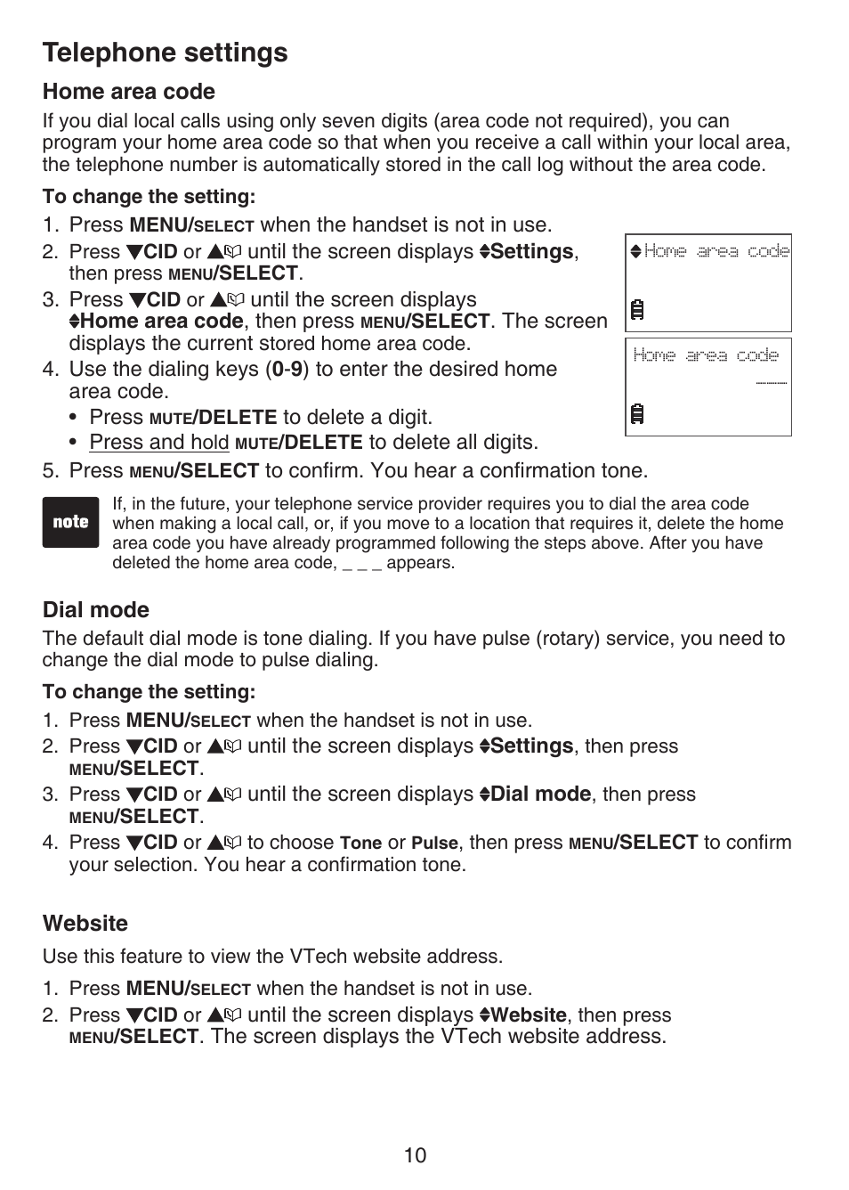 Home area code, Dial mode, Website | Telephone settings | VTech CS6124-2 User Manual | Page 14 / 53