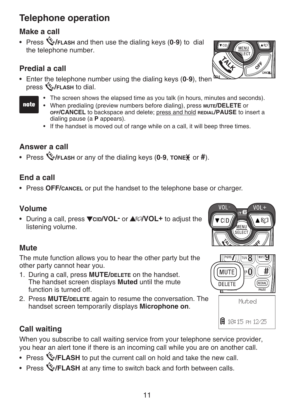 Telephone operation, Make a call, Predial a call | Answer a call, End a call, Volume, Mute, Call waiting | VTech CS6124-2 User Manual | Page 15 / 53