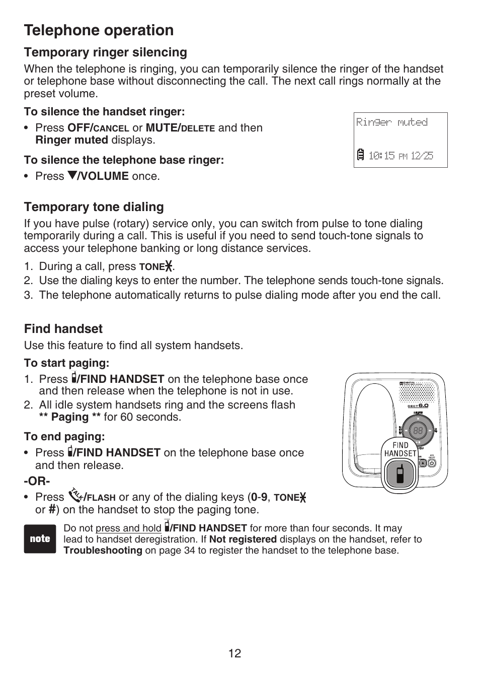 Temporary ringer silencing, Temporary tone dialing, Find handset | Telephone operation | VTech CS6124-2 User Manual | Page 16 / 53