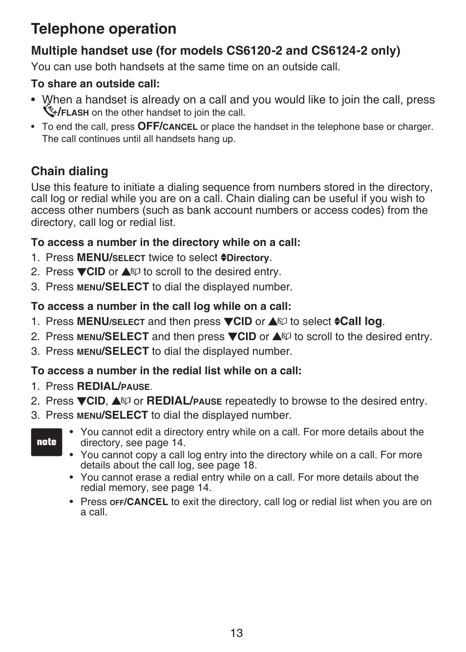 Multiple handset use, Chain dialing, Telephone operation | VTech CS6124-2 User Manual | Page 17 / 53