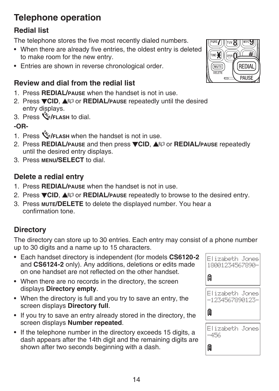 Redial list, Review and dial from the, Delete a redial entry | Directory, Telephone operation, Review and dial from the redial list | VTech CS6124-2 User Manual | Page 18 / 53