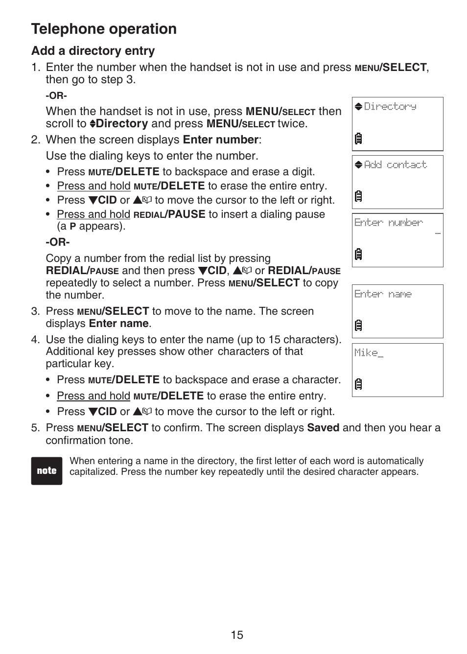 Add a directory entry, Telephone operation | VTech CS6124-2 User Manual | Page 19 / 53