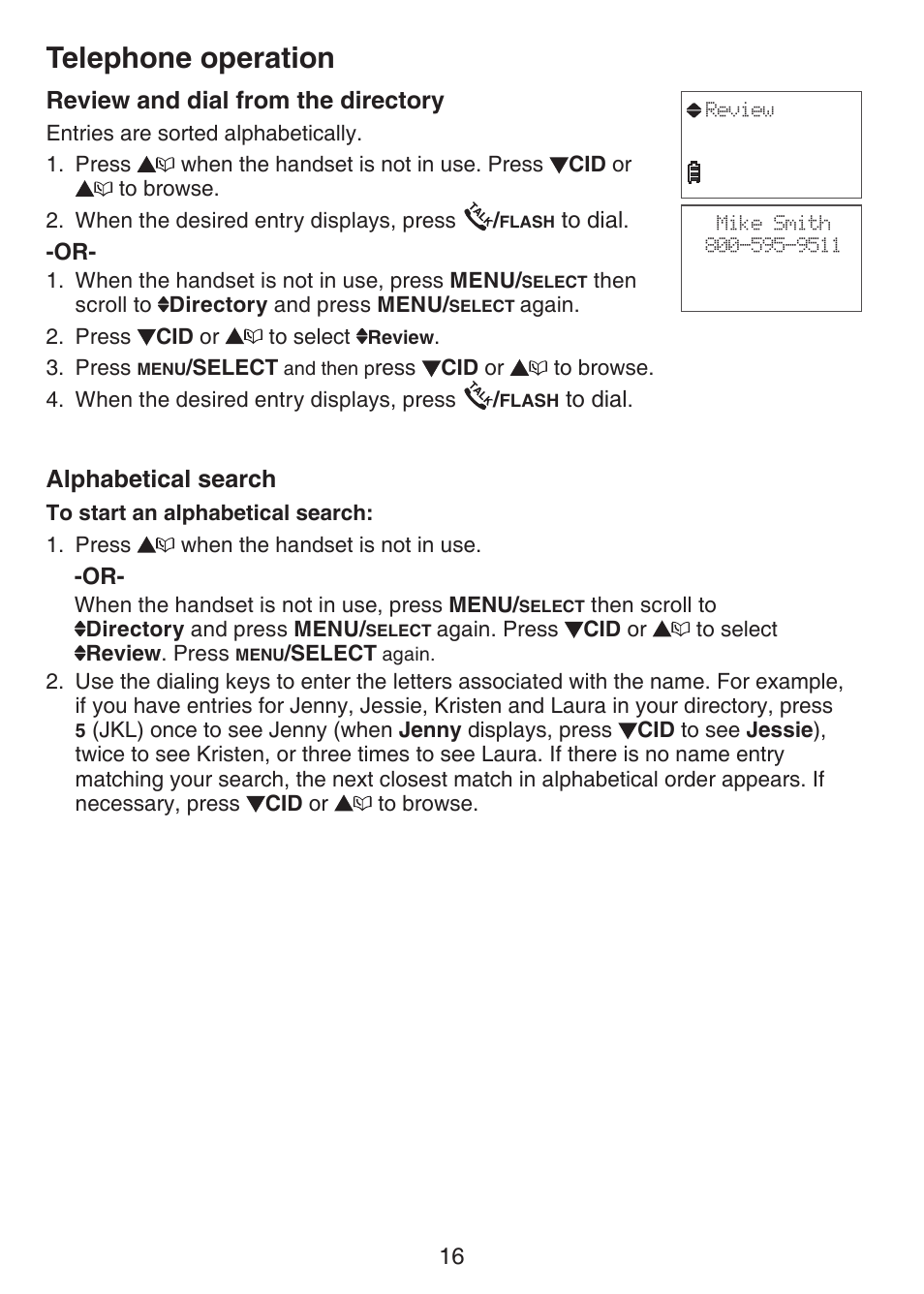 Review and dial from, The directory, Alphabetical search | Telephone operation, Review and dial from the directory | VTech CS6124-2 User Manual | Page 20 / 53