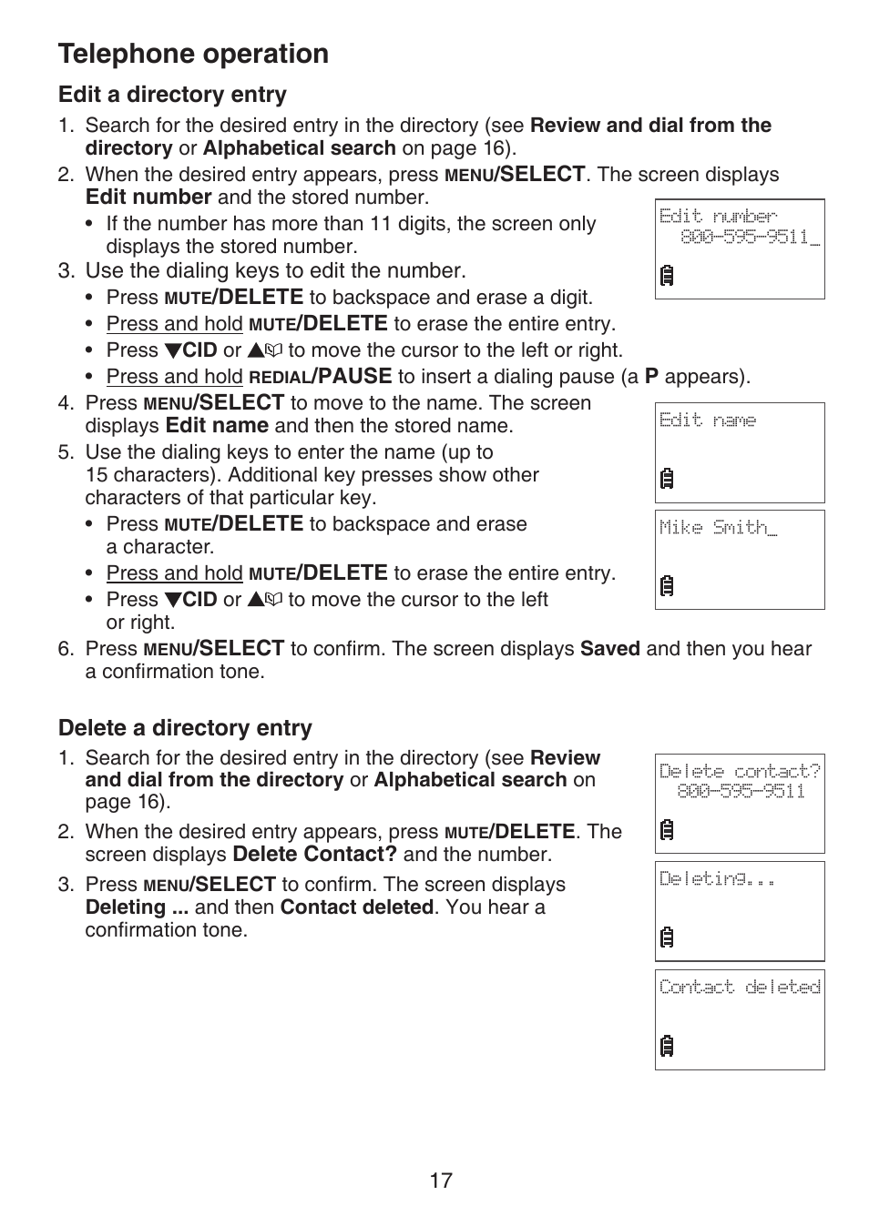 Edit a directory entry, Delete a directory entry, Telephone operation | VTech CS6124-2 User Manual | Page 21 / 53