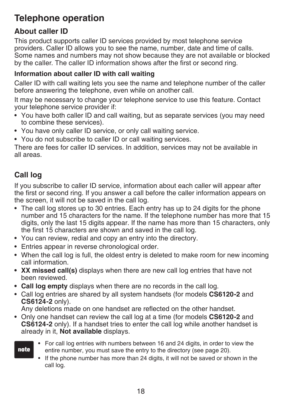 About caller id, Call log, Telephone operation | VTech CS6124-2 User Manual | Page 22 / 53
