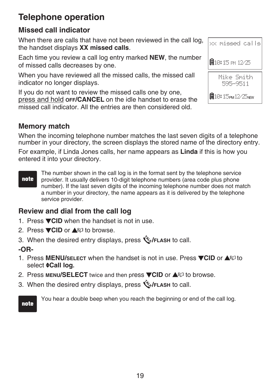 Missed call indicator, Memory match, Review and dial from the | Call log, Telephone operation, Review and dial from the call log | VTech CS6124-2 User Manual | Page 23 / 53