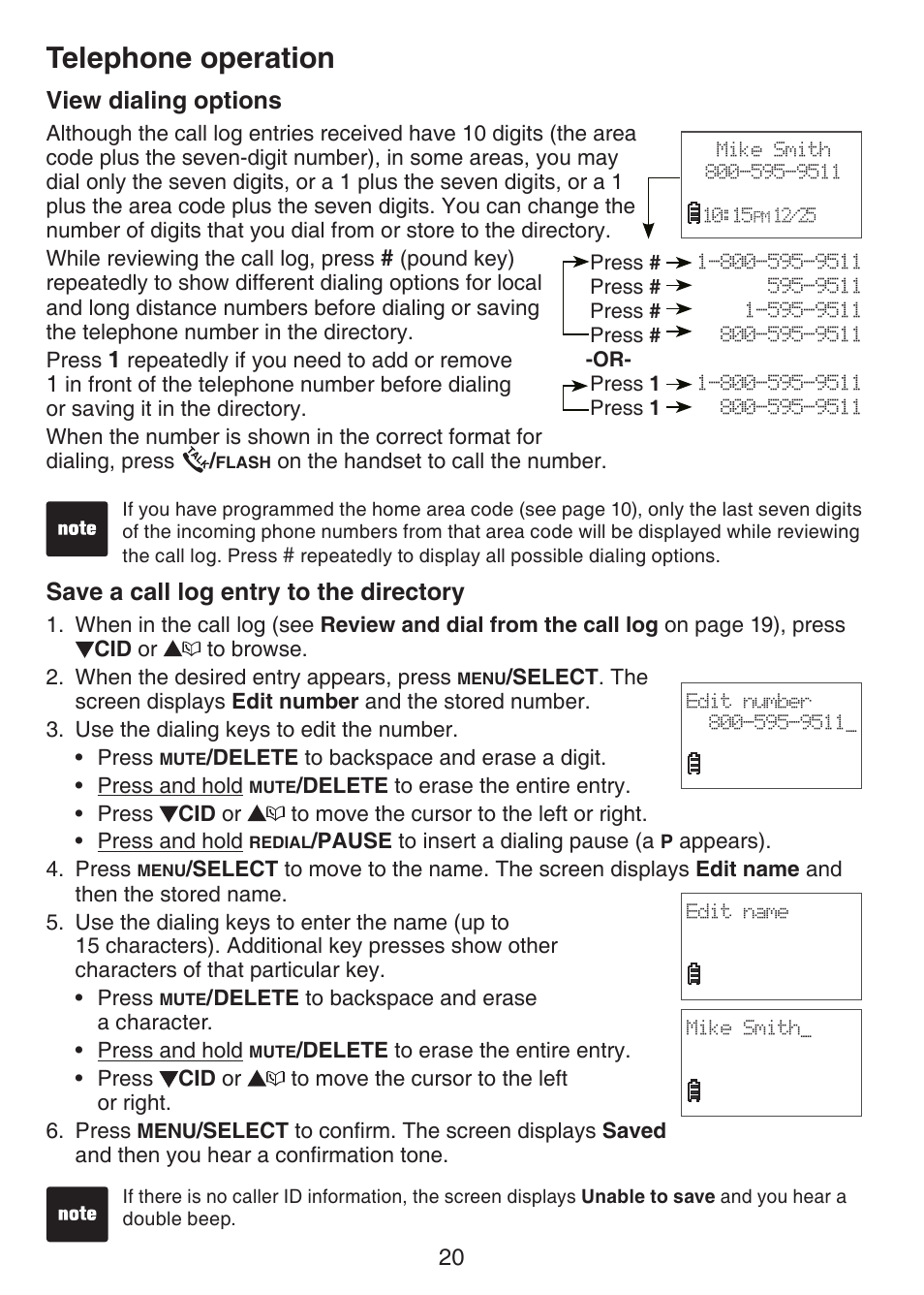 View dialing options, Save a call log entry to, The directory | Telephone operation, Save a call log entry to the directory | VTech CS6124-2 User Manual | Page 24 / 53