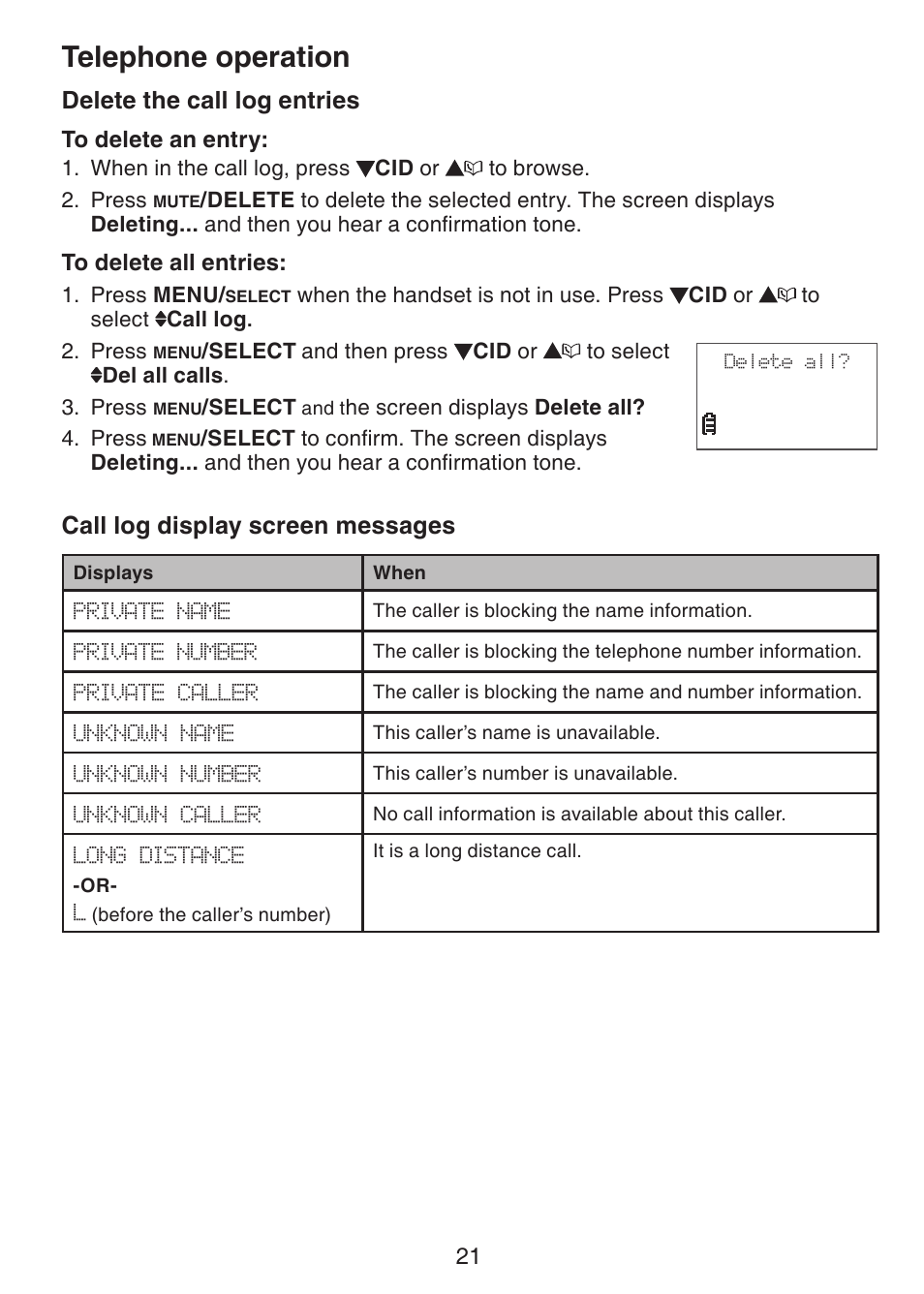 Delete the call log entries, Call log display screen, Messages | Telephone operation, Call log display screen messages | VTech CS6124-2 User Manual | Page 25 / 53
