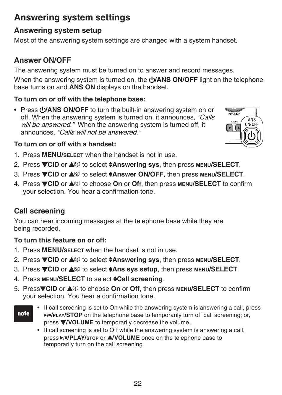 Answering system settings, Answering system setup, Answer on/off | Call screening | VTech CS6124-2 User Manual | Page 26 / 53